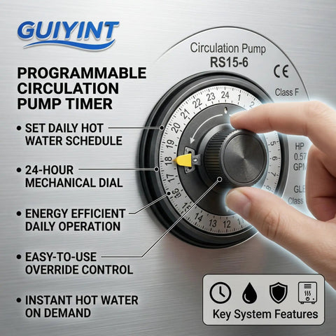 Under Sink Hot Water Recirculating Pump With Timer And 304 Stainless Steel Bypass Valve control dial for scheduling hot water.