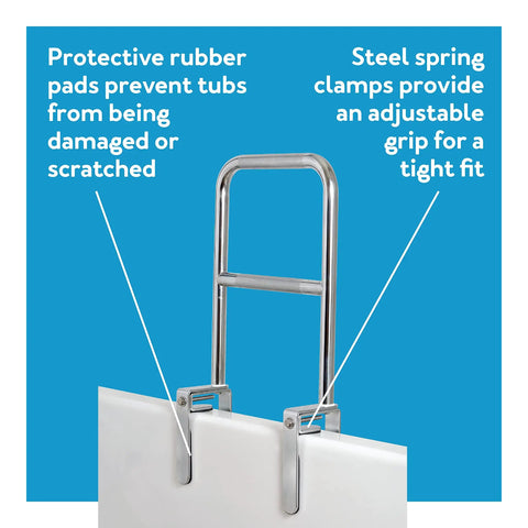 Tri Grip Bathtub Rail With Chrome Finish, Easy Install Tub Grab Bar with steel spring clamps and rubber pads for safety