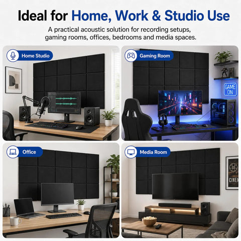 Straight Up Game Changer Peel And Stick Acoustic Wall Panels High Density Sound Absorption 12 Inch Polyester Squares in home studio and gaming room.