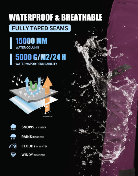 Diagram and splash show features of Ladies Snow Bibs With Removable Suspenders Waterproof Insulated Snow Pants For Skiing And Snowboarding