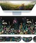 Huge 4-In-1 XXL Desk Pad Set With Wrist Rest, Gaming Mouse Pad, Keyboard Wrist Pad, Mouse Pad Wrist Support And Cup Coaster, Floral Ergonomic Desk Mat For Home Office, Gaming And Streaming Decor, featuring a floral design