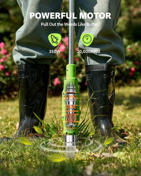 TaskStar 21V Battery Powered Weed Puller Tool With Two 2000Mah Batteries, powerful green cordless motor pulling weeds.