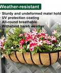 Rock Solid Metal Railing Planter Two Pack 24 Inch Rust Proof Window Box With Natural Coco Liner Quick Attach Hooks For Deck Balcony And Fence filled with vibrant flowers against a lattice backdrop.