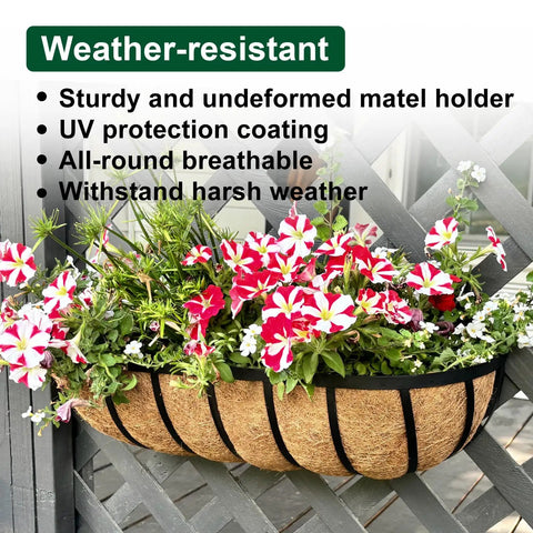 Rock Solid Metal Railing Planter Two Pack 24 Inch Rust Proof Window Box With Natural Coco Liner Quick Attach Hooks For Deck Balcony And Fence filled with vibrant flowers against a lattice backdrop.