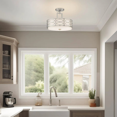 Sienna 15 Inch Sleek Modern Lattice Drum Semi Flush Mount Ceiling Light 3-Light Silver Finish in a kitchen setting