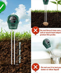 Image showing Soil Moisture Meter Must-Have All-In-One 3-In-1 PH And Light Test Kit inserted in soil with usage warnings.