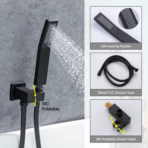 Roman Tub Filler Faucet With Waterfall Spout, Wall Mounted Single Handle Bathtub Shower Kit With Hand Shower, Matte Black Tub Faucet Set For Easy Fill, Modern Wall Mount Waterfall Design hand shower details