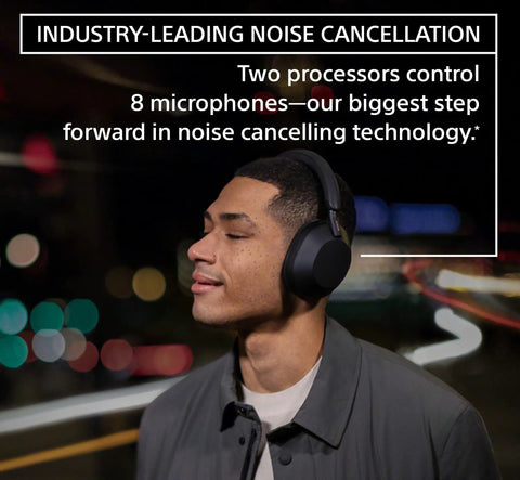 Man wearing WH-1000XM5 Premium Noise Canceling Headphones With Auto NC Optimizer All Day Battery Life Dope Sound Alexa Voice Control