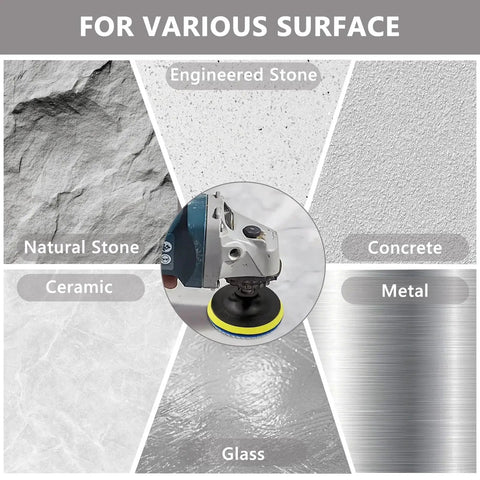 Pro Grade Rock Solid 15 Piece Diamond Polishing Pad Kit polishes natural stone, ceramic, engineered stone, concrete, glass, metal surfaces.