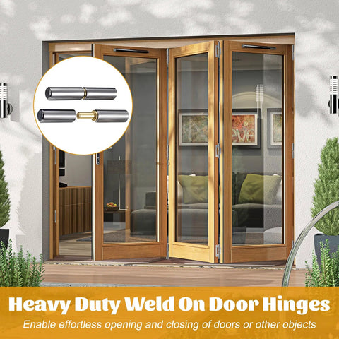 24 Pack Weld On Bullet Hinge 3 Inch Heavy Duty Weldable Barrel Hinge For Metal Gates And Trailer Ramps Half Inch Pin Diameter Durable Steel Easy Install Long Lasting Performance displayed next to wooden glass doors