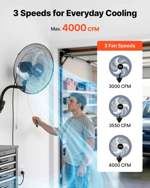 Person adjusting 18 Inch Wall Mount Oscillating Fan With 3 Speed Settings, Long Reach Airflow Up To 29.5 Feet, Adjustable Tilt