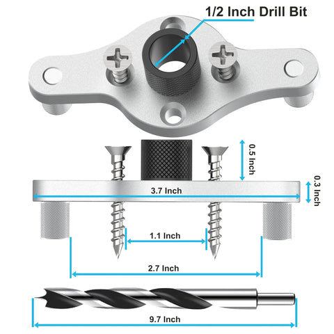 Precision Dowel Jig Kit For Floating Shelves Includes Half Inch Drill Bit detailing jig components with dimensions and drill bit.