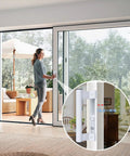Woman using White Sliding Glass Door Handle Set With Sturdy Latch And No Hassle Install for patio door.