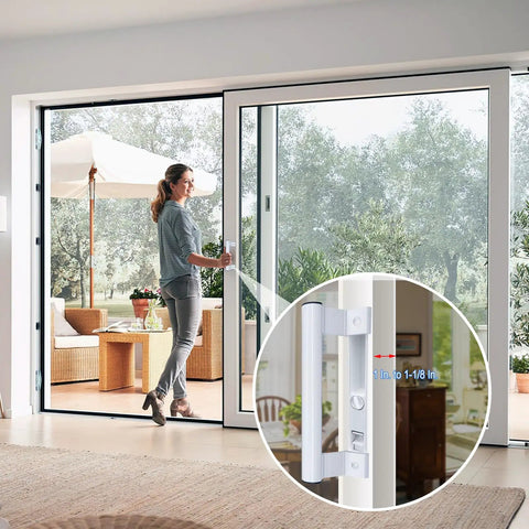 Woman using White Sliding Glass Door Handle Set With Sturdy Latch And No Hassle Install for patio door.