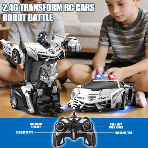 One Click Transformer RC Police Car With Realistic Flashing Lights And A Convertible Battle Robot Mode Rechargeable Remote Control Toy