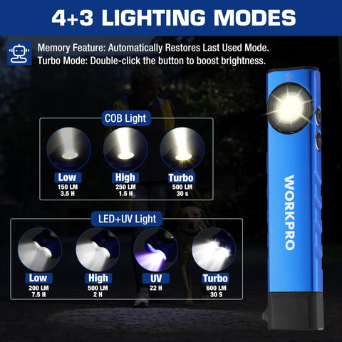 Rechargeable Pocket Flashlight With Dual Led And Cob, Uv Light, 600 Lumens, Magnetic Base; blue light modes display