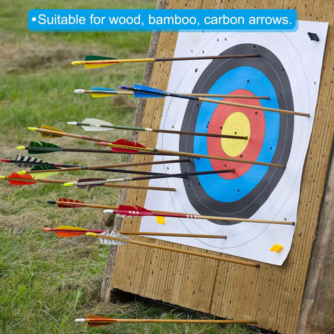 Shield Cut Arrow Vanes 20 Pack 3 Inch Turkey Feather Fletchings on arrows hitting a target during shooting practice