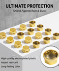 Hella Solid Gold Motorcycle Bolt Covers And Hexagon Engine Nut Caps With Wear Resistant metal screw protectors, display of hexagonal caps.