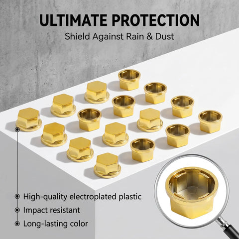 Hella Solid Gold Motorcycle Bolt Covers And Hexagon Engine Nut Caps With Wear Resistant metal screw protectors, display of hexagonal caps.