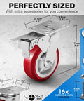 Solid As A Rock Six Inch Polyurethane Caster Wheels Rolling Smooth As Butter With Quiet 360 Degree Swivel Action For Effortless Glide On Hard Floors Heavy Duty Four Pack showing size and accessories.