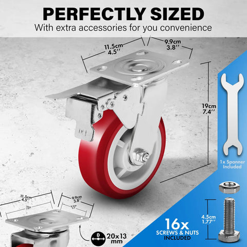 Solid As A Rock Six Inch Polyurethane Caster Wheels Rolling Smooth As Butter With Quiet 360 Degree Swivel Action For Effortless Glide On Hard Floors Heavy Duty Four Pack showing size and accessories.