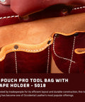 Close-up view of Pro Two Pouch Tool Bag with Tape Holder, 10 pockets, heavy duty, USA made, leather construction details shown.