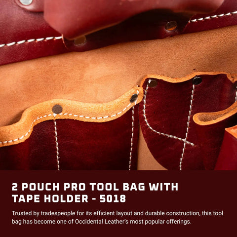 Close-up view of Pro Two Pouch Tool Bag with Tape Holder, 10 pockets, heavy duty, USA made, leather construction details shown.