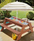 Kids 3-In-1 Sand And Water Table With Wood Outdoor Convertible Picnic Table Umbrella Two Trays Removable Top With Faucet