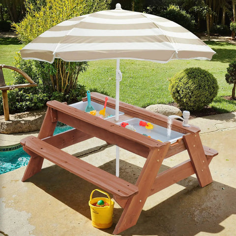 Kids 3-In-1 Sand And Water Table With Wood Outdoor Convertible Picnic Table Umbrella Two Trays Removable Top With Faucet