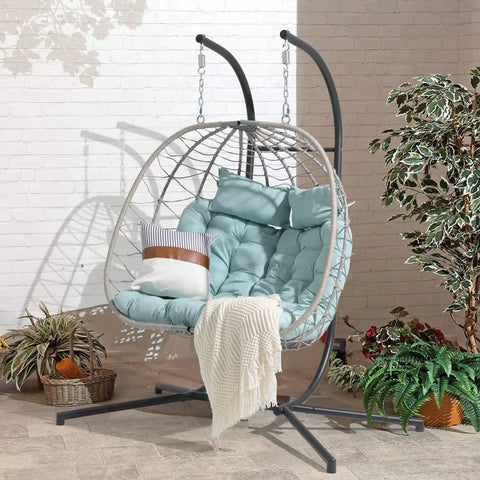 Two Person Egg Swing Chair With Stand For Indoor And Outdoor Patio Wicker Rattan Hanging Chair with cushions and throw blanket