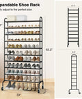 Expandable 10 Tier Metal Shoe Rack Tall Free Standing Organizer For Entryway Or Garage Go To Space Saver Adjustable From 17.7 To 33 Inches Holds Up To 44 Pairs Under Shelf Storage Black