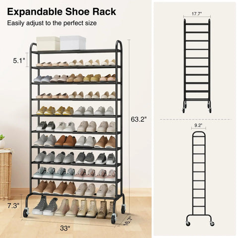 Expandable 10 Tier Metal Shoe Rack Tall Free Standing Organizer For Entryway Or Garage Go To Space Saver Adjustable From 17.7 To 33 Inches Holds Up To 44 Pairs Under Shelf Storage Black