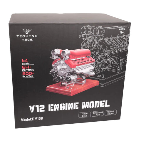 V12 Engine Model Kit With Over Eight Hundred Metal Parts Motorized Four Stroke Engine Electric Drive DIY STEM Build Realistic Anodized Aluminum And Stainless Steel Components Hands On Educational Gift For Adults And Car Enthusiasts box, 1:4 scale