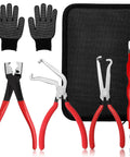 5 Piece Electrical Disconnect Pliers Kit With Gloves For Quick Release Auto Connector Tool For Fuel Lines Wiring Sensors And Coils Car Truck Repair Heavy Duty Set Red with gloves and black case