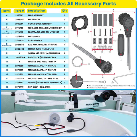 Instruction diagram and components of Beefed Up Heavy Duty Trolling Motor Plug And Receptacle With 60 Amp Circuit Breaker kit for marine boats.