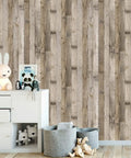 Room with wood grain peel and stick contact paper 17.3 inch by 1200 inch 144 sq ft DIY friendly self adhesive removable vintage faux wood wallpaper plank.