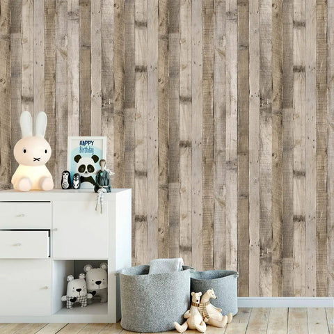 Room with wood grain peel and stick contact paper 17.3 inch by 1200 inch 144 sq ft DIY friendly self adhesive removable vintage faux wood wallpaper plank.