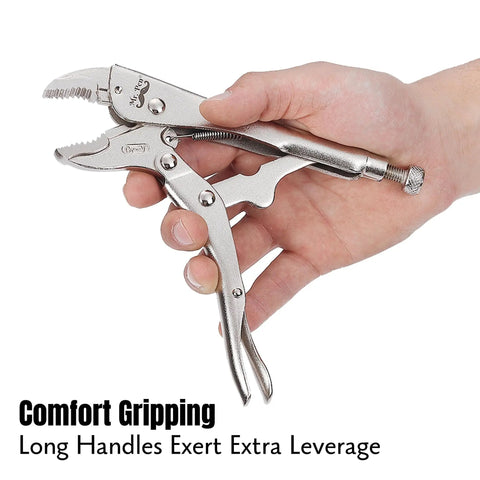 Hand holding 7 Inch Curved Jaw Locking Pliers With Wire Cutter And Adjustable Wrench, Heavy Duty Alloy Steel Tool For Gripping And Twisting Metal Sheets, Tightening Bolts, Rust Resistant Finish, Easy To Clean And Durable.