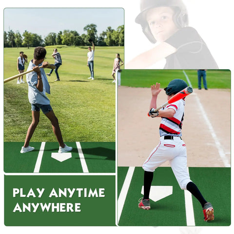 Children practicing on 12 X 6 Ft Baseball Softball Batting Mat With Inlaid Home Plate And 5 mm Non Slip Backing outdoors.