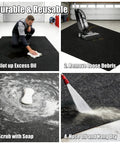 Heavy Duty Garage Oil Spill Mat 60 By 72 Inch demonstrated in four cleaning steps, highlighting its ultra absorbent felt top.