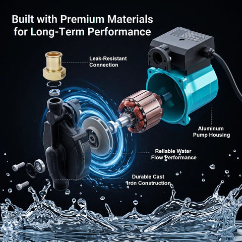 Smooth Operator Hot Water Recirculating Pump Featuring Intelligent Auto Shutoff Sensor Valve components showcasing cast iron and aluminum.