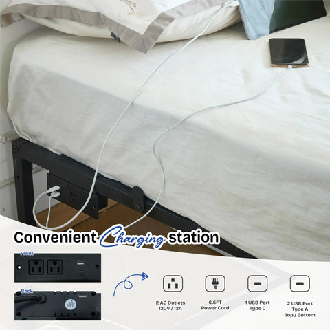 Modern Queen Platform Bed Frame Featuring Smart Rgb Led Lights And Usb Charging Station side view of charging station with outlets and USB ports