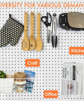 All In One Pegboard Organizer Kit 42 Pack With Large Baskets Bins Cups Hooks J And L Book Holder Wall Mount Storage For Craft Room Office Garage Shed White Pink displaying various uses for craft and kitchen items.