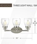 Belton Three Light Wall Bath Vanity Fixture in Brushed Nickel with dimensions 21 inches wide, 10 5/8 inches high.