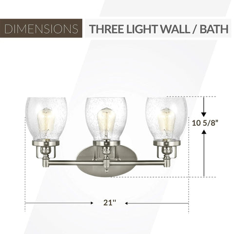 Belton Three Light Wall Bath Vanity Fixture in Brushed Nickel with dimensions 21 inches wide, 10 5/8 inches high.