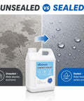Top Shelf Water Based Concrete Sealer For Pavers And Masonry Surfaces shown in unsealed vs sealed comparison with droplets.
