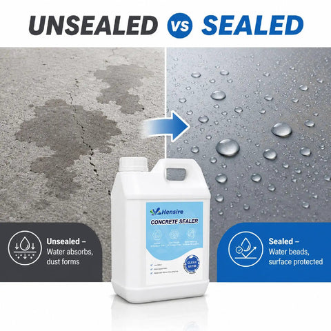 Top Shelf Water Based Concrete Sealer For Pavers And Masonry Surfaces shown in unsealed vs sealed comparison with droplets.