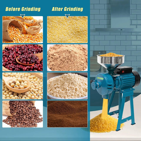 3000W Wet And Dry Grain Grinder Mill with funnel grinding corn, beans, and coffee before and after; kitchen use