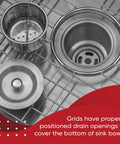 Two Pack Stainless Steel Sink Grates 12 x 14 Inches for the Bottom of Your Kitchen Sink with drain and utensil basket visible