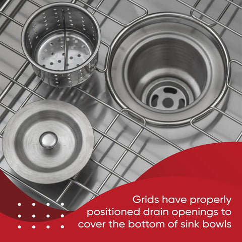 Stainless Steel Kitchen Sink Protector Grid 14.37 x 12.5 Inch 2 Pack Bottom Of Sink Rack With Drain Openings over sink basin.